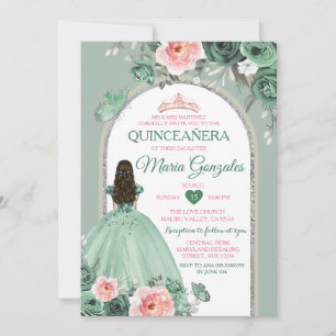 Pink Quinceañera Dusty Green Crown Butterfly Invitation
