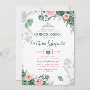 Pink Quinceañera Dusty Green Crown Butterfly Invitation