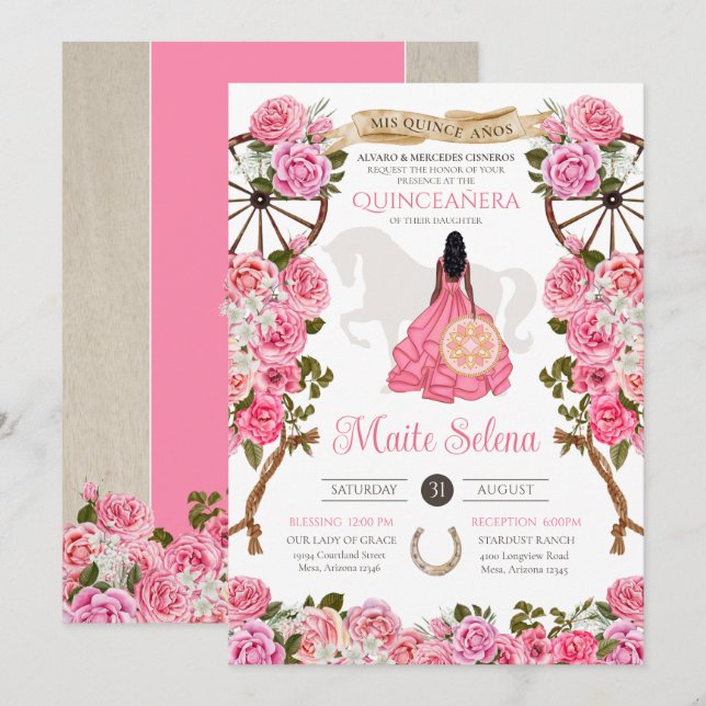 Pink Quinceanera Elegant Rose Western Charra Invitation (Front/Back)