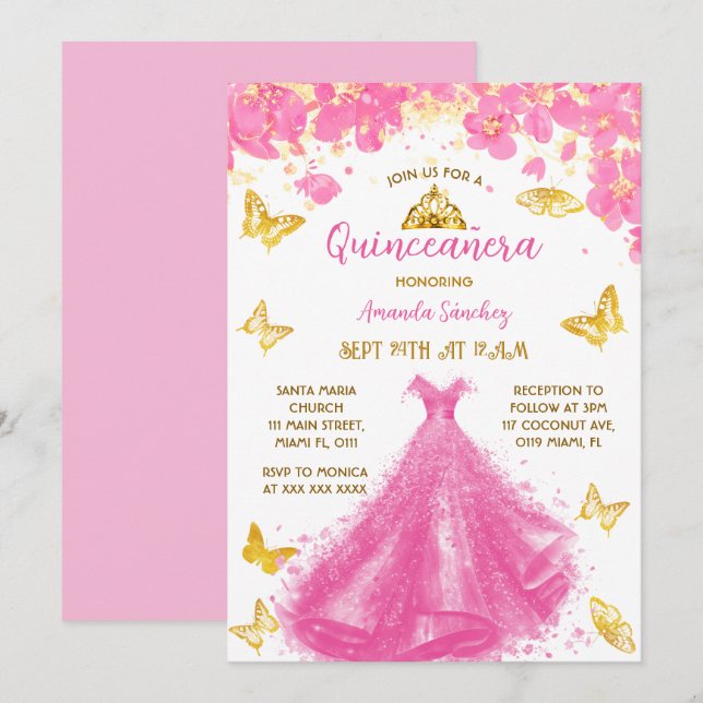 Pink Quinceanera Floral Princess Dress & Tiara Invitation (Front/Back)