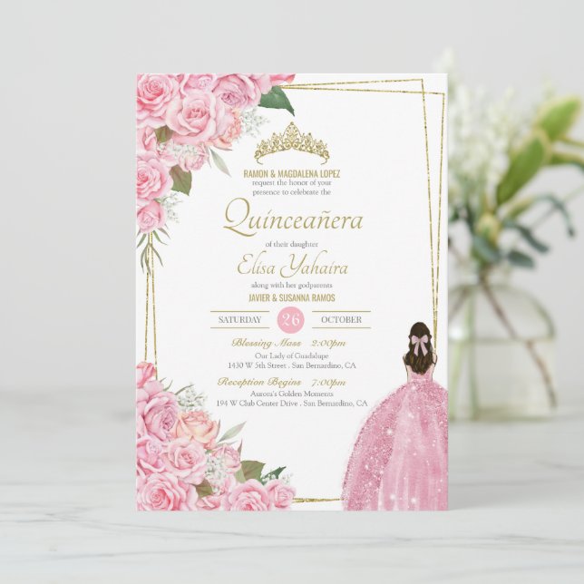 Pink Quinceanera Floral Rose Quince Elegant Gown I Invitation (Standing Front)