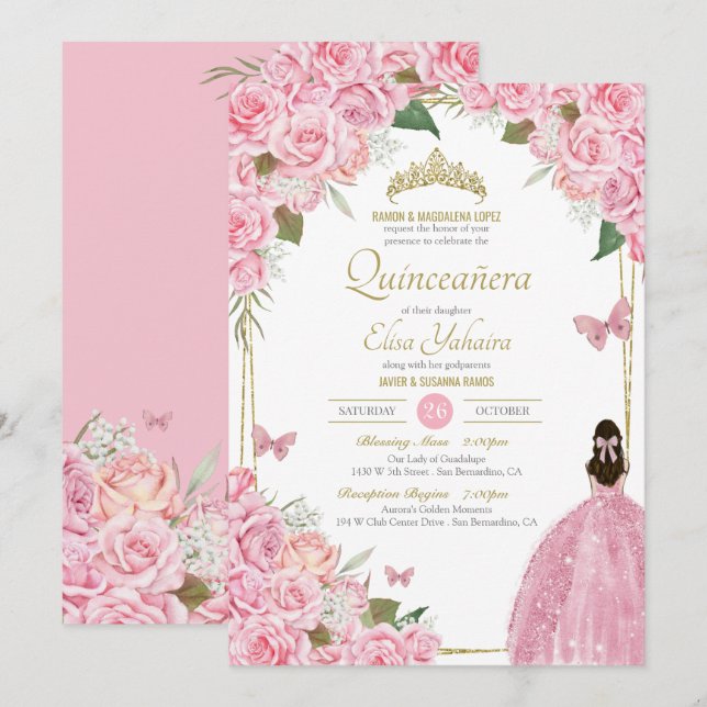 Pink Quinceanera Floral Rose Quince Gown Butterfly Invitation (Front/Back)