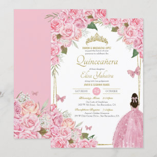 Pink Quinceanera Floral Rose Quince Gown Butterfly Invitation