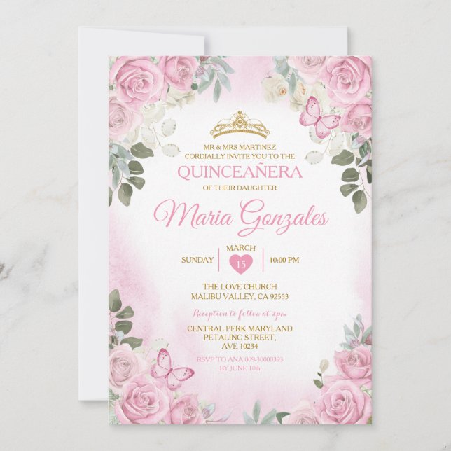 Pink Quinceañera Gold Crown Mexican Butterfly Invitation (Front)
