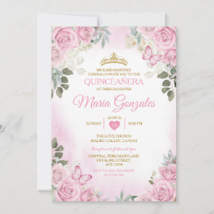 Pink Quinceañera Gold Crown Mexican Butterfly Invitation