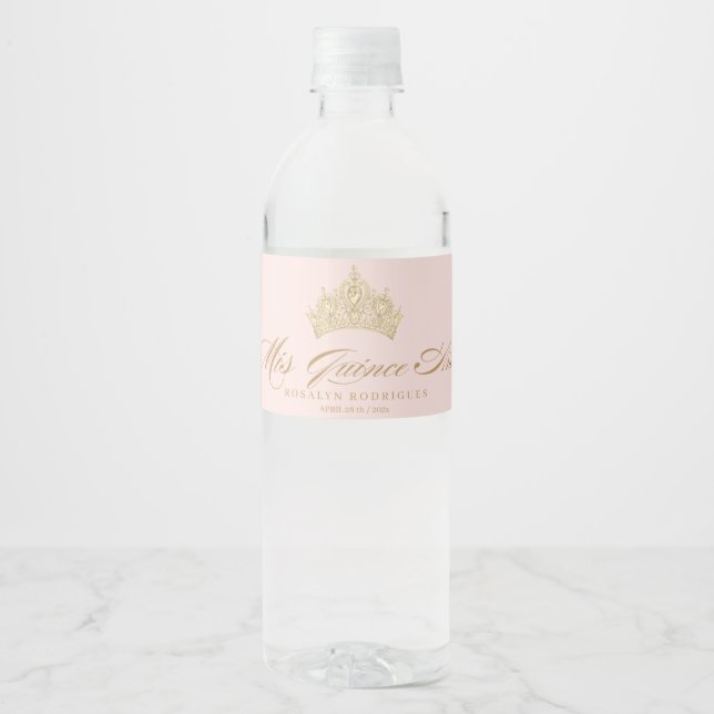 Pink Quinceanera Gold Elegant Tiara Water Bottle Label (Front)