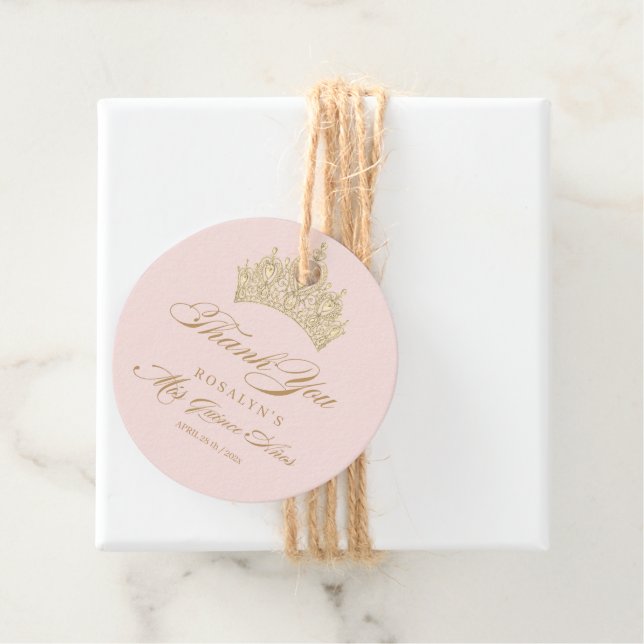 Pink Quinceanera Gold Tiara Favour Tags (In Situ)