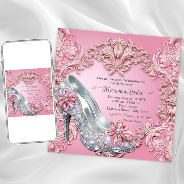 Pink Quinceañera High Heel Shoe Invitation (Pink jewel shoe any occasion invitation. Instant download and printed invitations available.)