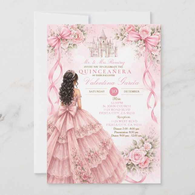 Pink Quinceañera Invitation with Bow (Front)