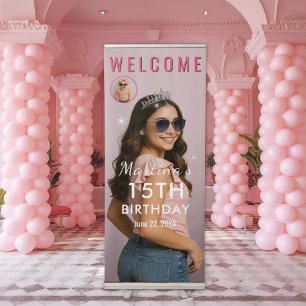 Pink Quinceañera Retractable Photo Welcome Sign