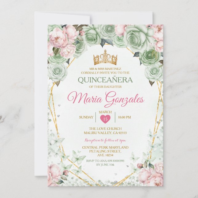 Pink Quinceañera Sage Green Mexican Butterfly Invitation (Front)
