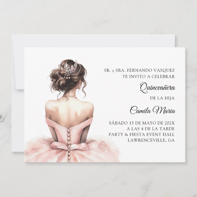 Pink Quinceañera Spanish Invitation (Front)