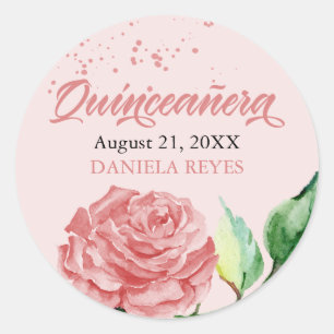 Pink Quinceanera Watercolor Rose Bloom Custom Classic Round Sticker