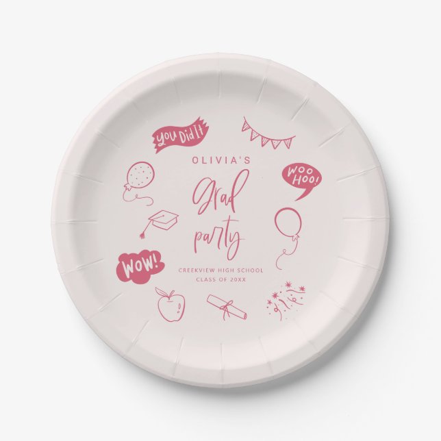 Pink Quirky Grad Icons Graduation Party Paper Plate (Front)