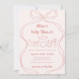 Pink Quirky Hand Drawn Wavy Bow Girl Baby Shower Invitation