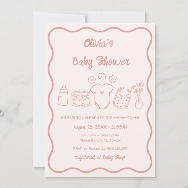 Pink Quirky Hand Drawn Wavy Frame Girl Baby Shower Invitation (Front)