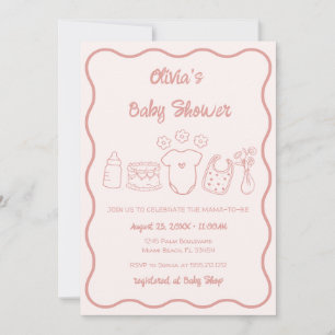 Pink Quirky Hand Drawn Wavy Frame Girl Baby Shower Invitation