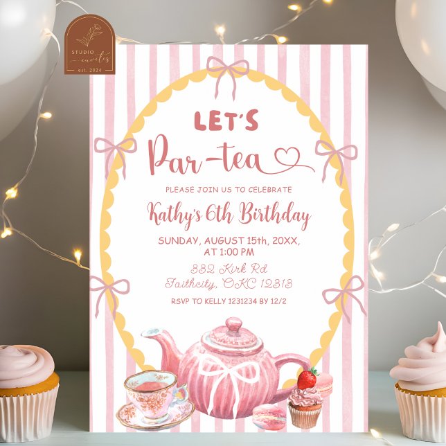Pink Quirky Illustration Let's Par-Tea Birthday  Invitation (Creator Uploaded)