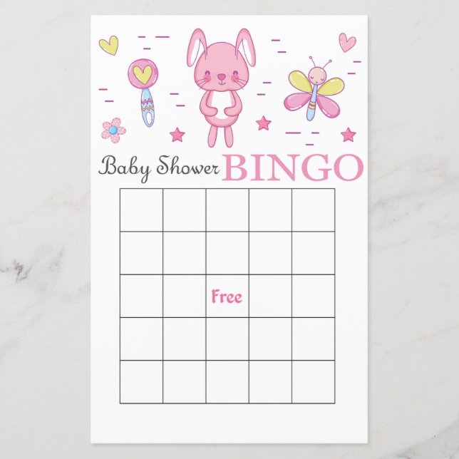 Pink rabbit baby shower bingo card (Front)