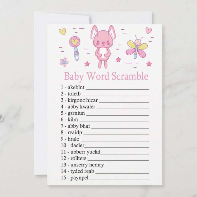 Pink Rabbit Baby Word Scramble Game Invitation (Front)