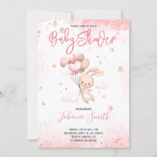 Pink Rabbit Balloon Baby Shower Invitation