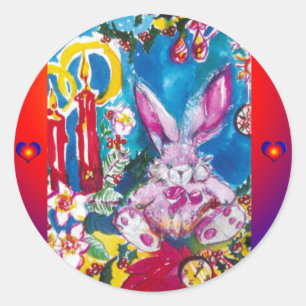 PINK RABBIT,CHRISTMAS CANDLES AND HOLLYBERRIES CLASSIC ROUND STICKER