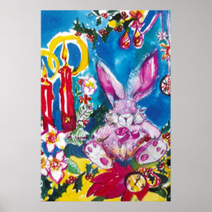 PINK RABBIT,CHRISTMAS CANDLES AND HOLLYBERRIES POSTER