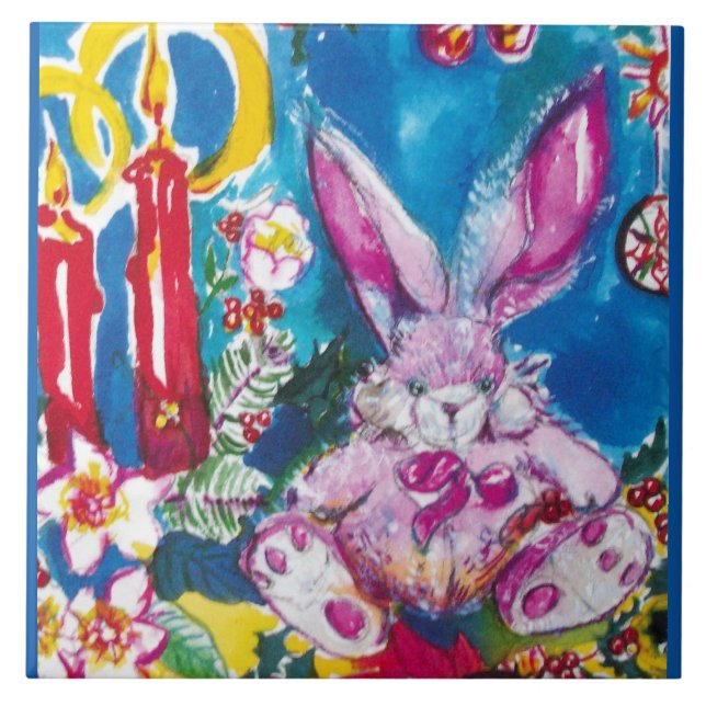 PINK RABBIT,CHRISTMAS CANDLES AND HOLLYBERRIES TILE (Front)