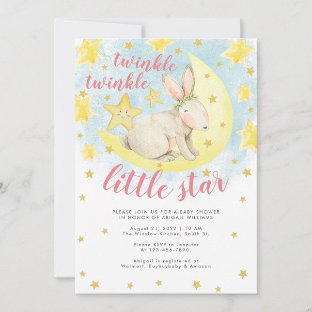 Pink Rabbit Gold Twinkle Little Star Baby Shower Invitation (Front)
