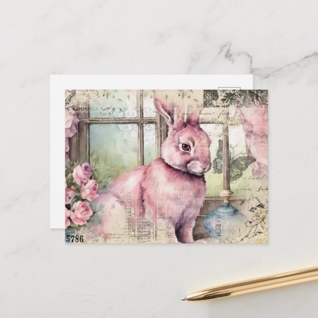 Pink Rabbit Vintage Collage Postcard (Front/Back In Situ)