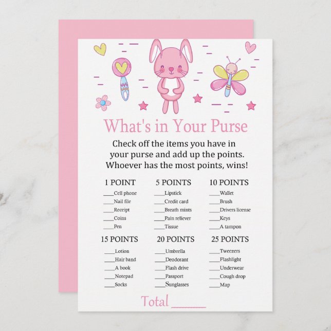 Pink Rabbit What's In Your Purse Game baby shower Invitation (Front/Back)