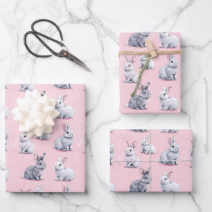 Pink Rabbits Pattern Wrapping Paper Sheet
