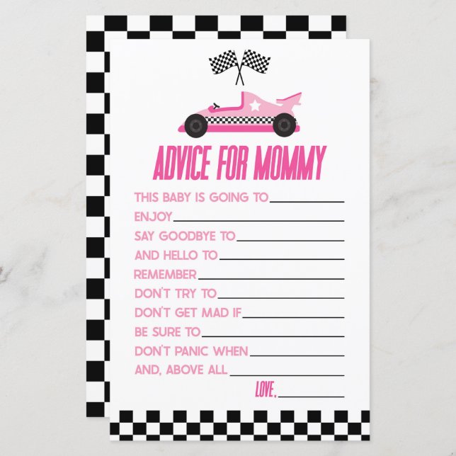 Pink Race Car Advice Baby Shower Game Activity (Front/Back)
