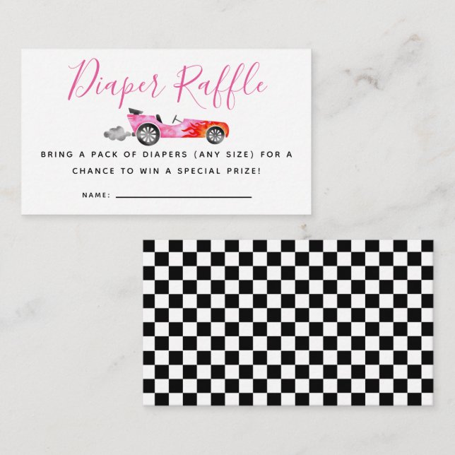 Pink Race Car Baby Shower Diaper Raffle Ticket Enclosure Card (Front/Back)