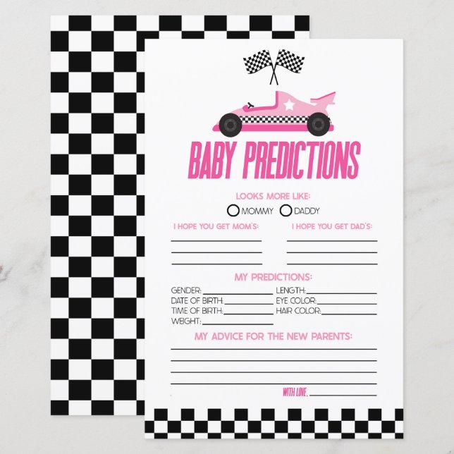 Pink Race Car Baby Shower Predictions Game (Front/Back)