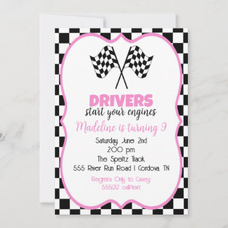 Pink Race Car Birthday Invitation