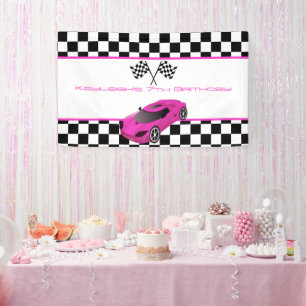 Pink Race Car Birthday Party Banner