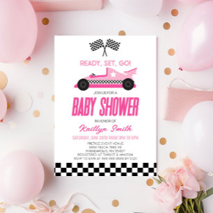 Pink Race Car Chequered Race Flag Baby Shower Invitation