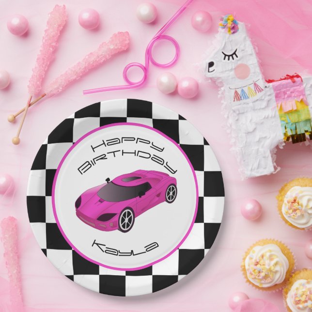 Pink Race Car | Custom Birthday Party Paper Plate (Party)