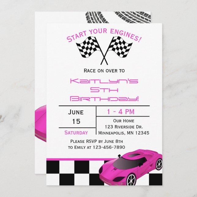 Pink Race Car | Custom Kids Birthday Invitation (Front/Back)