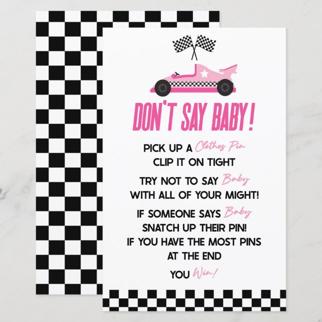 Pink Race Car Don't Say Baby Shower Game (Front/Back)