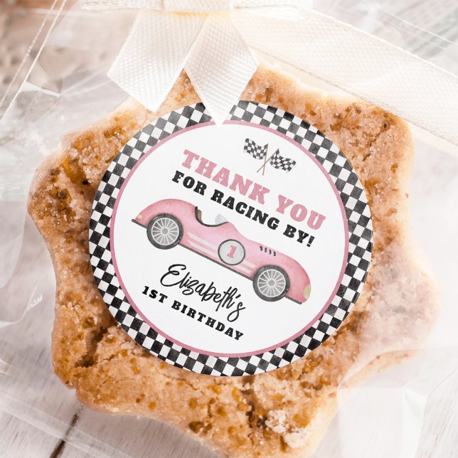 Pink Race Car Fast One Girl Birthday Party Classic Round Sticker (Creator Uploaded)