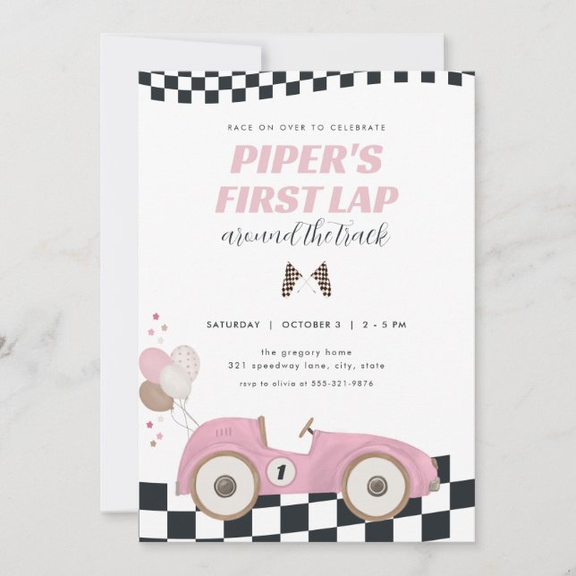 Pink Race Car First Lap Around the Track Birthday Invitation (Front)