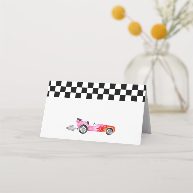 Pink Race Car Girl Birthday Party Place Card (Front)