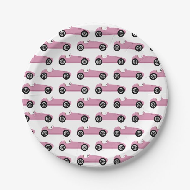 Pink Race Car Girl Racing Birthday Party Paper Plate (Front)