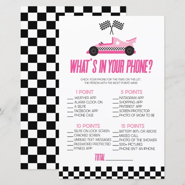 Pink Race Car In Your Phone Baby Shower Game (Front/Back)