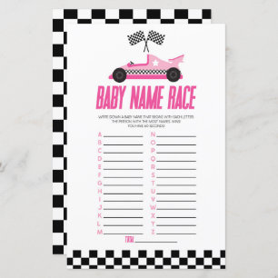 Pink Race Car Name Race Baby Shower Game