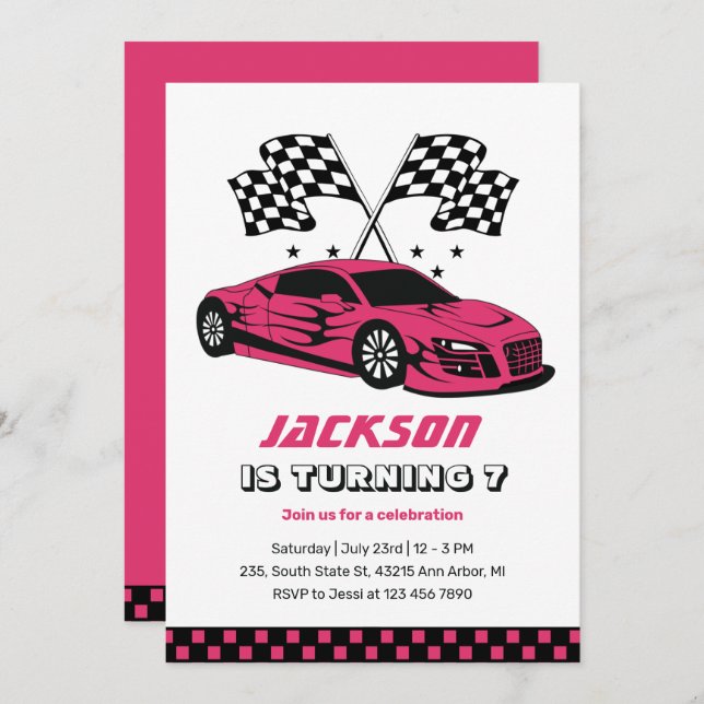 Pink Race Car Racing Kids Boys Birthday Invitation (Front/Back)