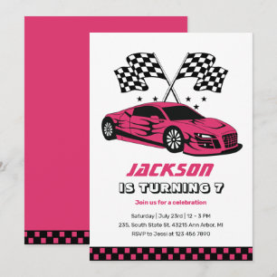 Pink Race Car Racing Kids Boys Birthday Invitation