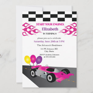 Pink Race Car Start Your Engines Girls Birthday Invitation